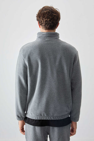 Tommylife Toptan Standart Kalıp Yarım Fermuar Polar Erkek Eşofman Takımı 85159 Gri Melanj