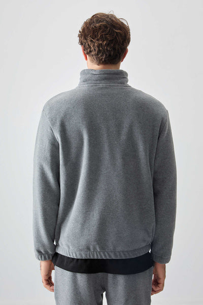 Tommylife Toptan Standart Kalıp Yarım Fermuar Polar Erkek Eşofman Takımı 85159 Gri Melanj
