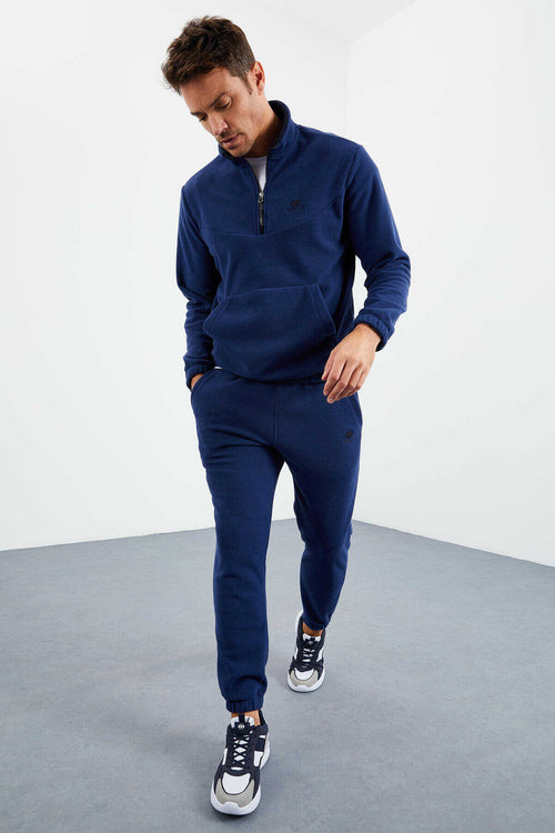 Tommylife Toptan Standart Kalıp Yarım Fermuar Polar Erkek Eşofman Takımı 85159 İndigo