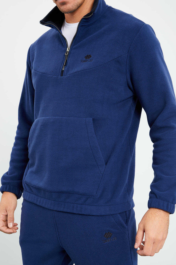 Tommylife Toptan Standart Kalıp Yarım Fermuar Polar Erkek Eşofman Takımı 85159 İndigo