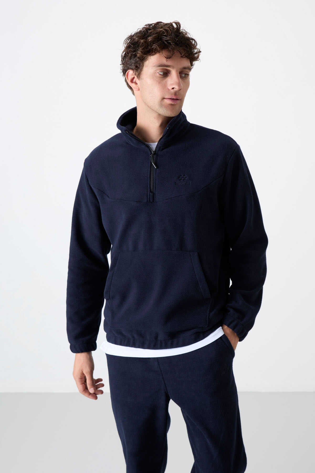 Set trening pentru bărbați Tommylife Wholesale, croială standard, cu fermoar pe jumătate, din fleece, 85159, bleumarin