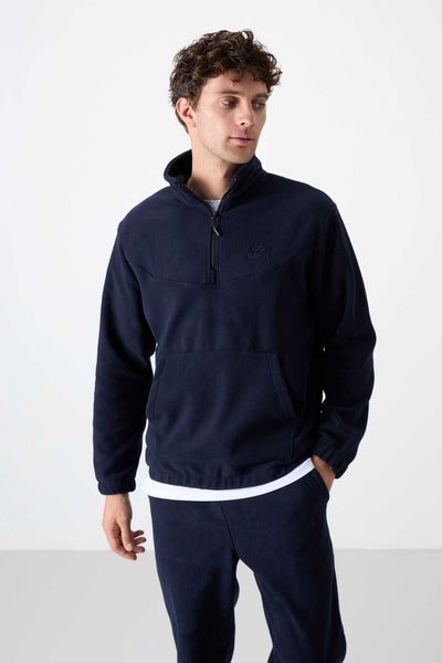 Set trening pentru bărbați Tommylife Wholesale, croială standard, cu fermoar pe jumătate, din fleece, 85159, bleumarin
