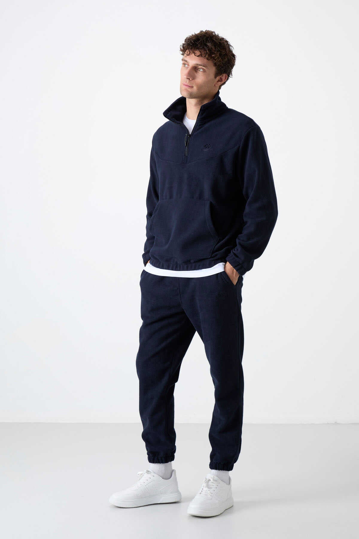 Set trening pentru bărbați Tommylife Wholesale, croială standard, cu fermoar pe jumătate, din fleece, 85159, bleumarin