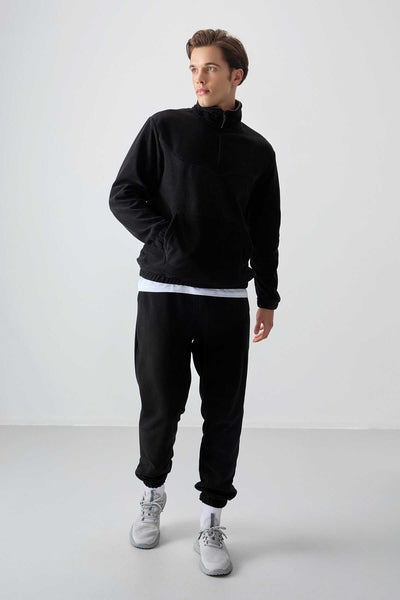 Set trening pentru bărbați Tommylife Wholesale, croială standard, cu fermoar pe jumătate, din fleece, 85159, negru
