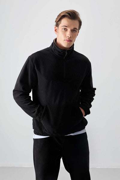 Set trening pentru bărbați Tommylife Wholesale, croială standard, cu fermoar pe jumătate, din fleece, 85159, negru