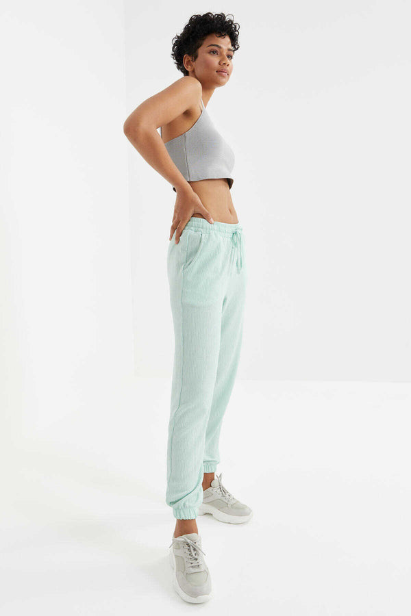 Tommylife Toptan Su Yeşili Bel Büzgülü Bağcıklı Jogger Bürümcük Kumaş Kadın Eşofman Alt - 94620