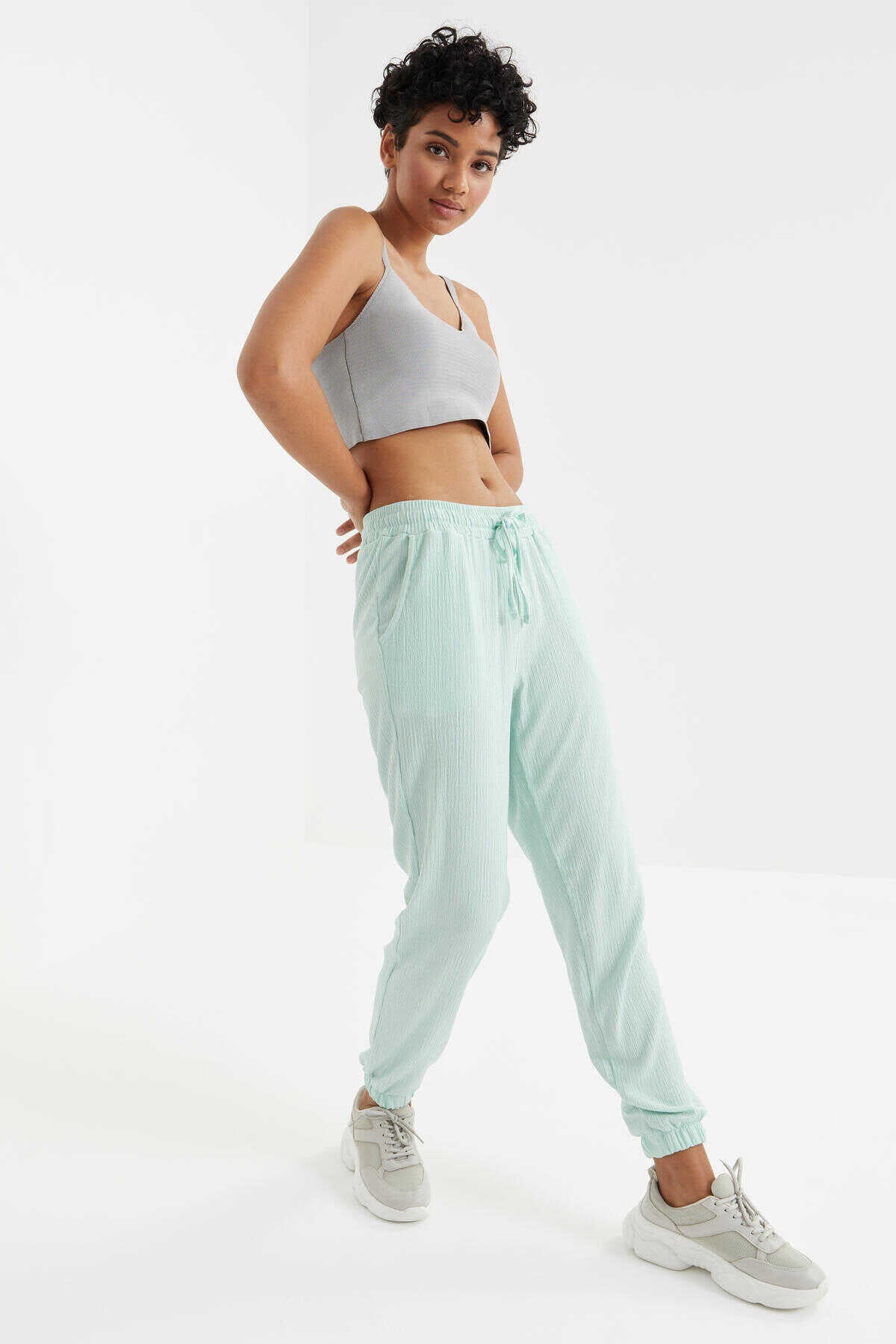 Tommylife Wholesale Aqua Green Waist Drawstring Jogger Women's Sweatpants - 94620