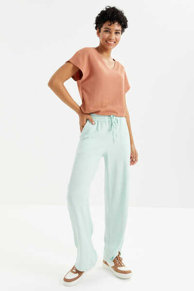 Pantaloni de trening Tommylife Wholesale Aqua Green Classic Leg cu talie și șnur - 94619
