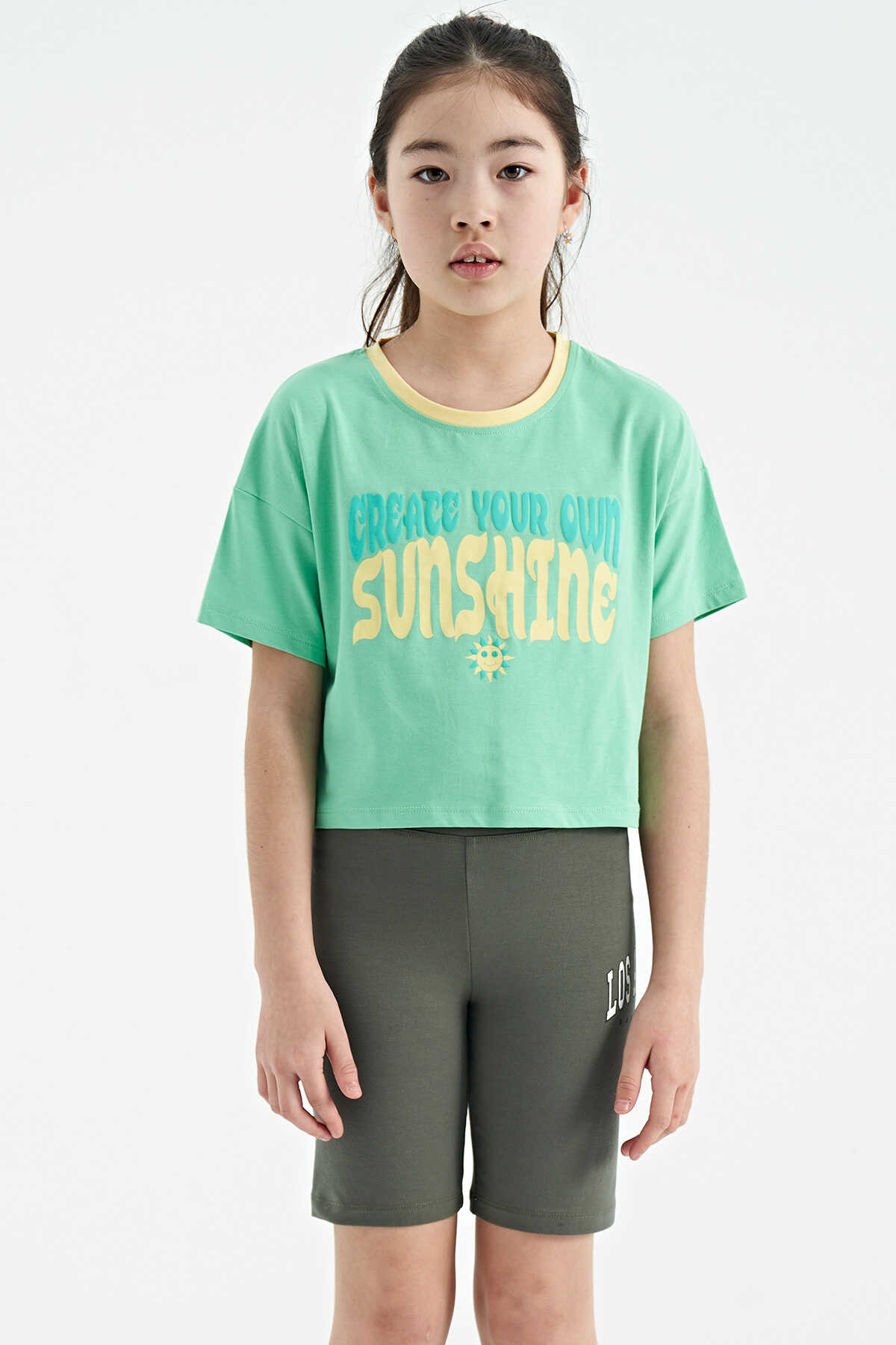 Tommylife Toptan Su Yeşili Renkli Yazı Baskılı O Yaka Oversize  Kısa Kollu Kız Çocuk T-Shirt - 75111