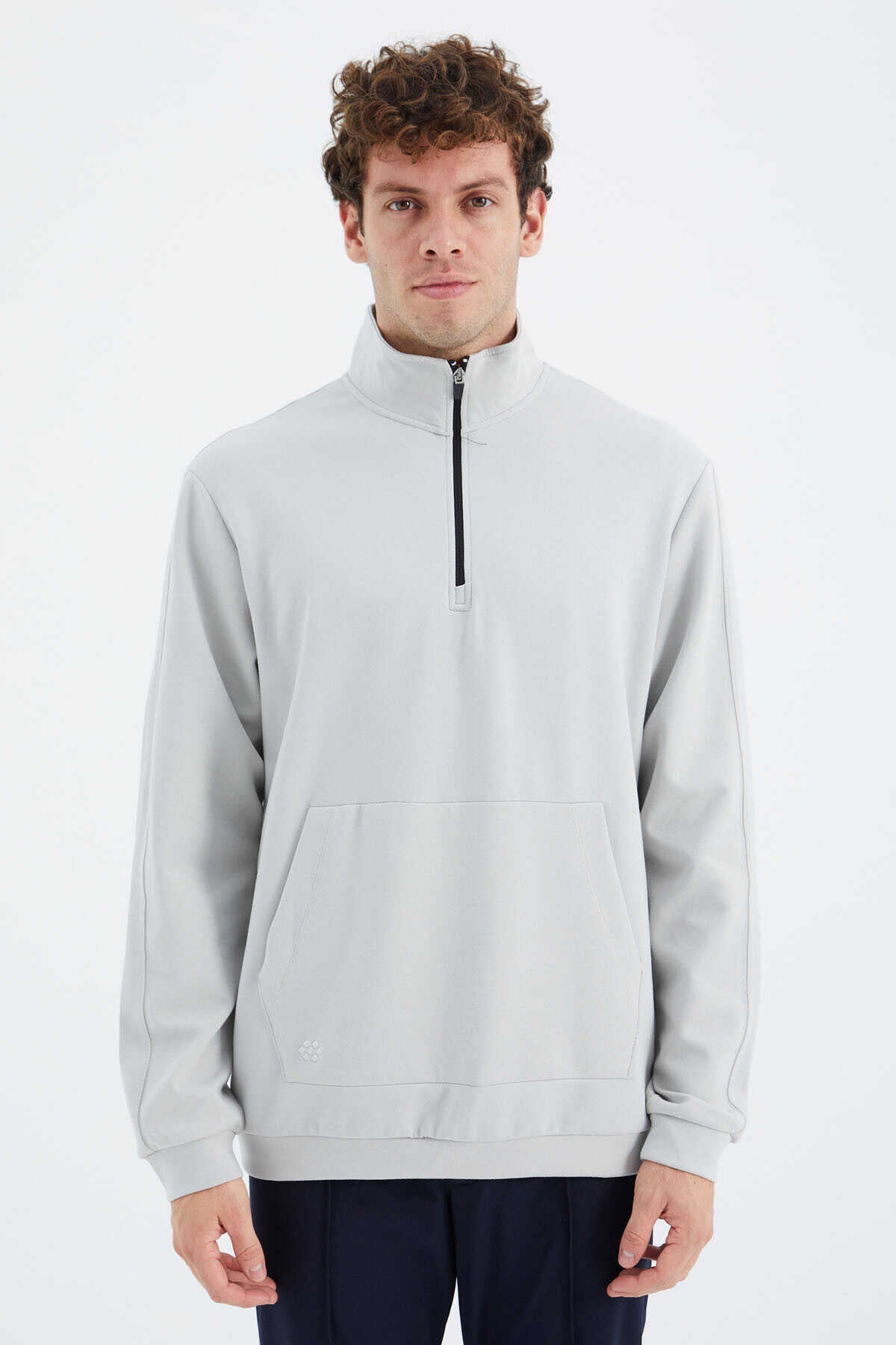 Tommylife Toptan Taş Dik Yaka Yarım Fermuarlı Cep Detaylı Erkek Sweatshirt - 88278