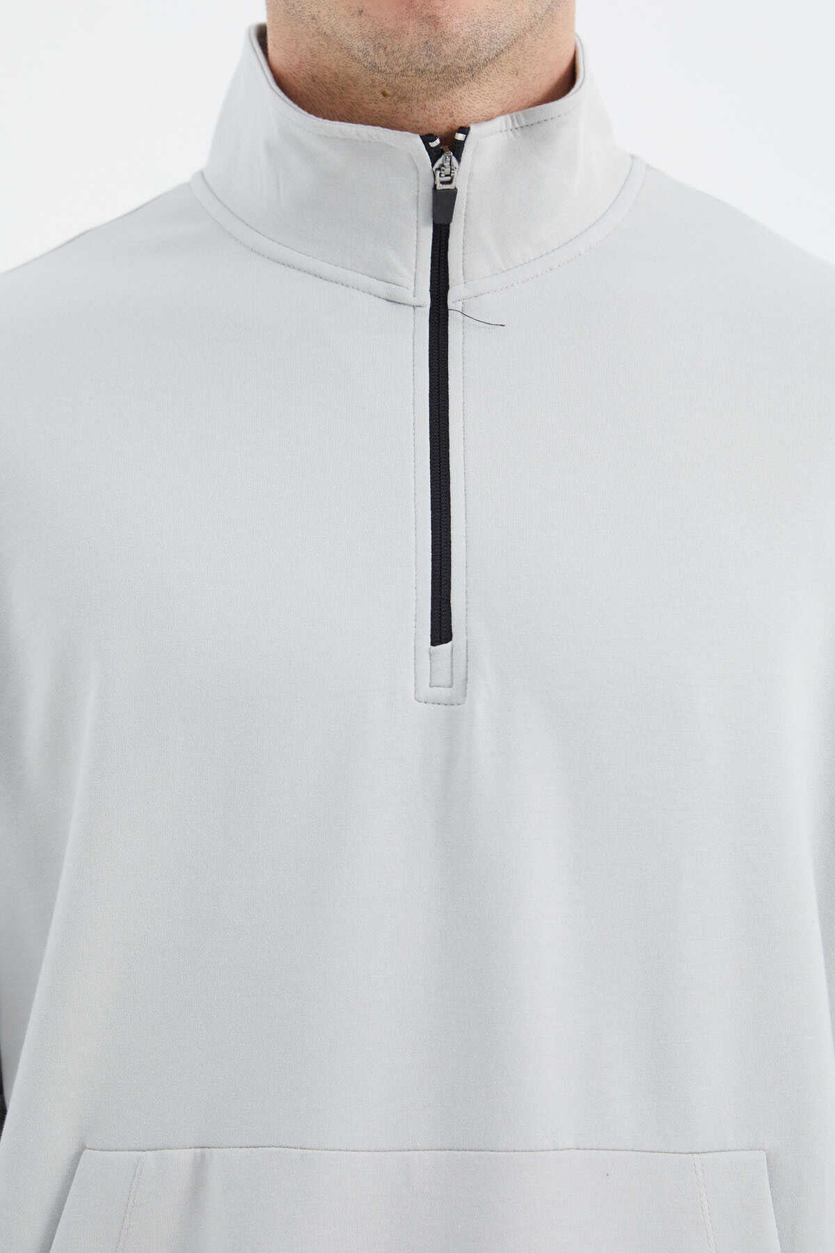 Tommylife Toptan Taş Dik Yaka Yarım Fermuarlı Cep Detaylı Erkek Sweatshirt - 88278