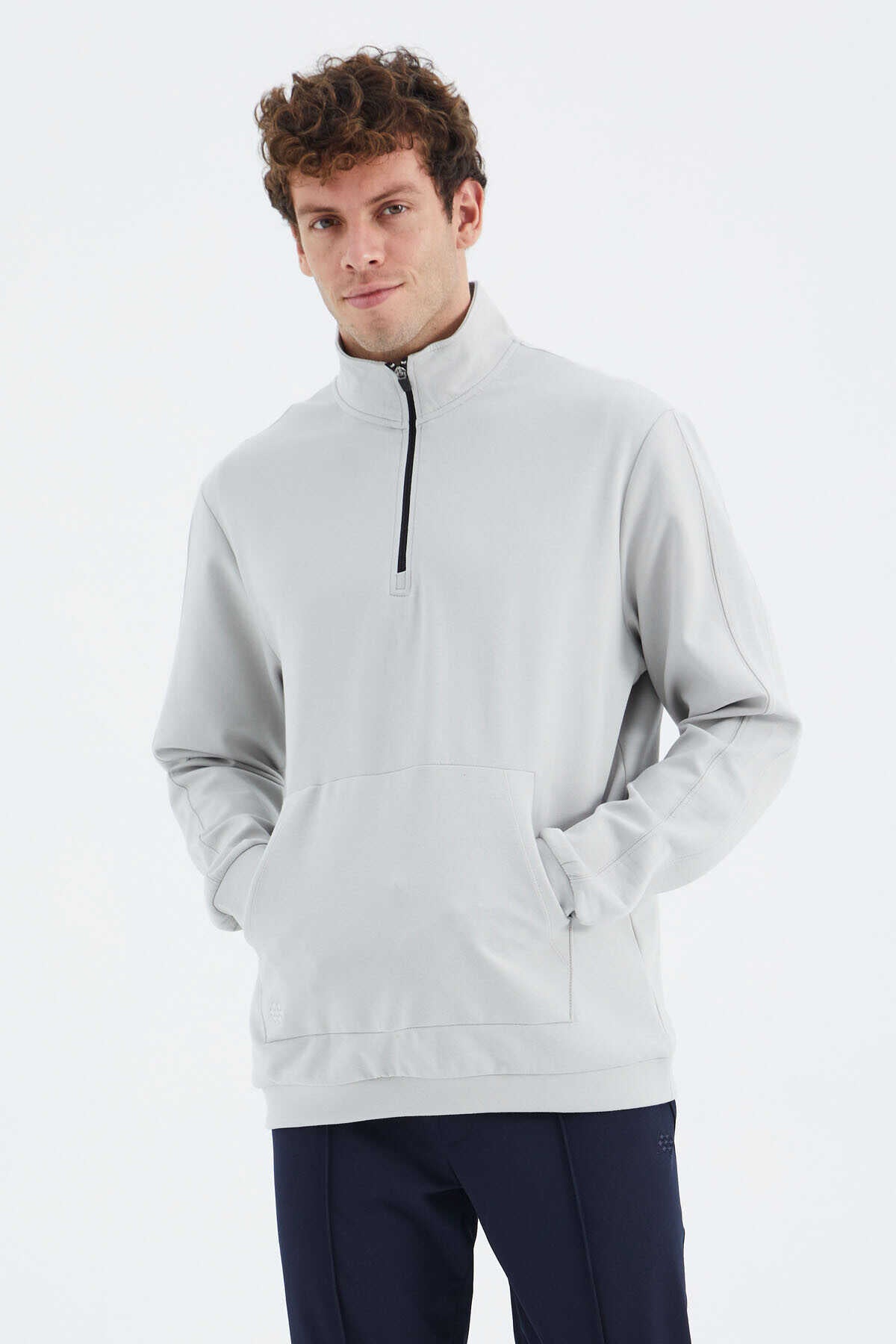 Tommylife Toptan Taş Dik Yaka Yarım Fermuarlı Cep Detaylı Erkek Sweatshirt - 88278