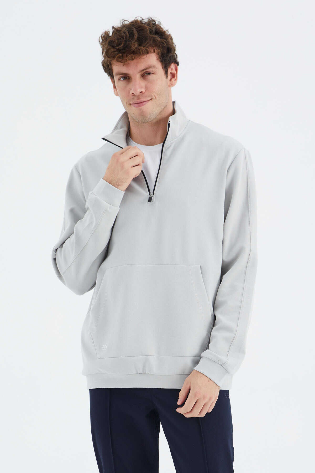 Tommylife Toptan Taş Dik Yaka Yarım Fermuarlı Cep Detaylı Erkek Sweatshirt - 88278