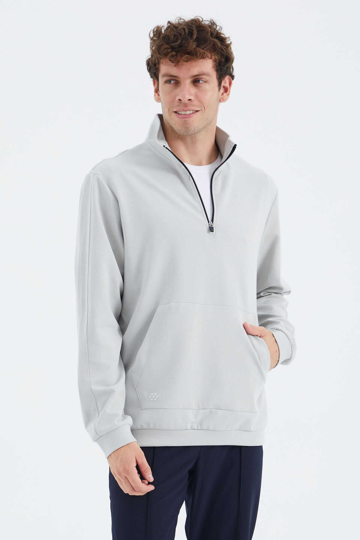 Tommylife Toptan Taş Dik Yaka Yarım Fermuarlı Cep Detaylı Erkek Sweatshirt - 88278