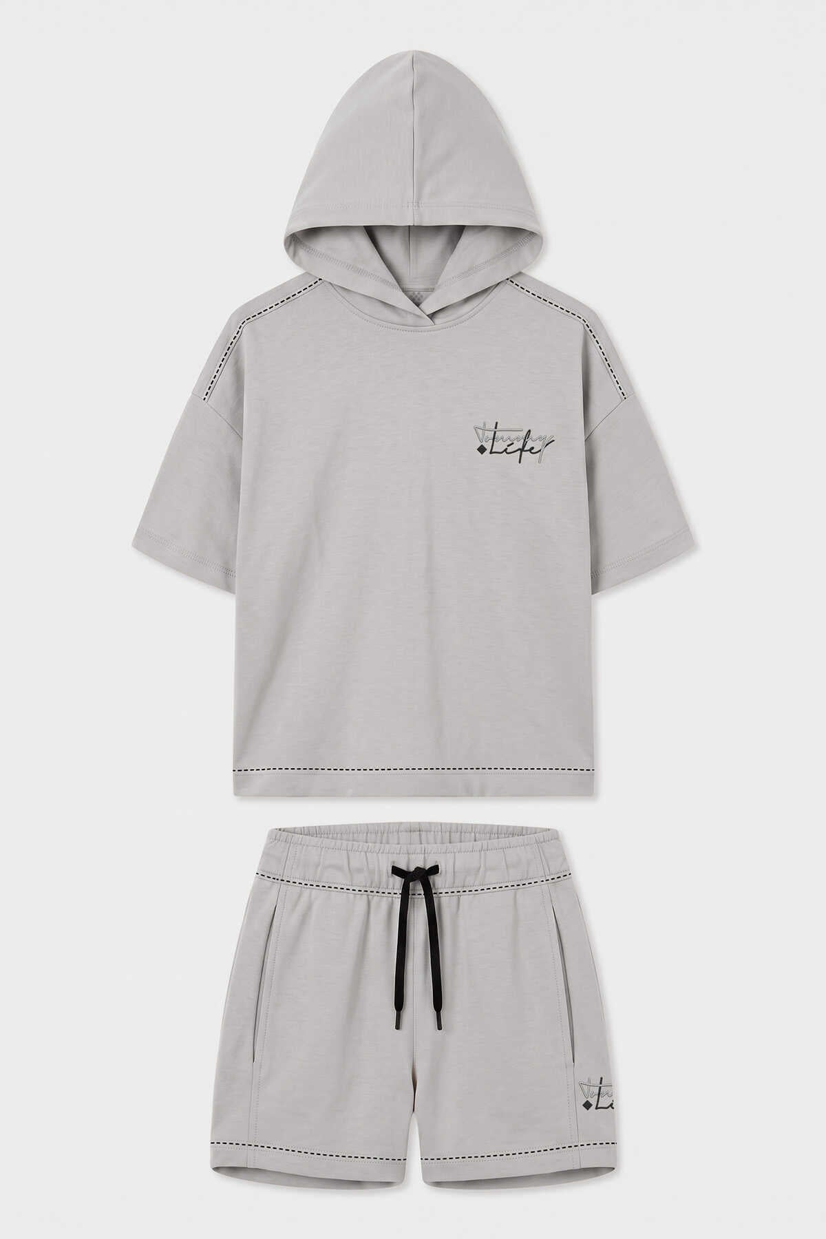 Set pantaloni scurți cu glugă și decorațiuni cu pietre pentru fete, Tommylife Wholesale, cu detalii de cusătură - 75185