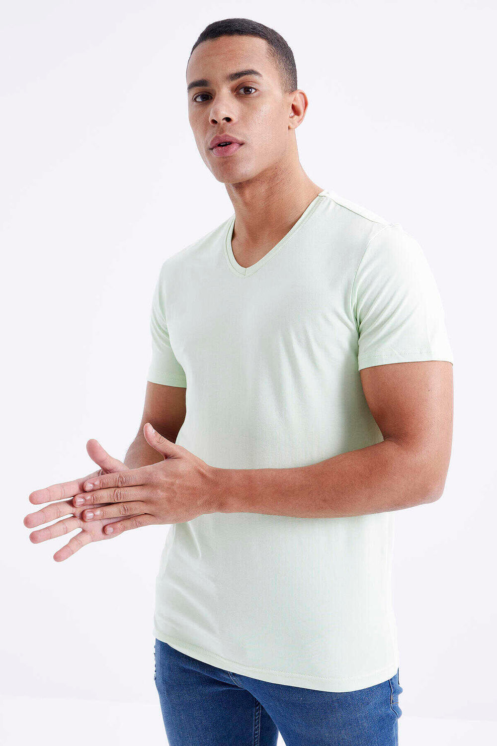 Tommylife Toptan V Yaka Standart Kalıp Basic Erkek T-Shirt 87912 Açık Yeşil