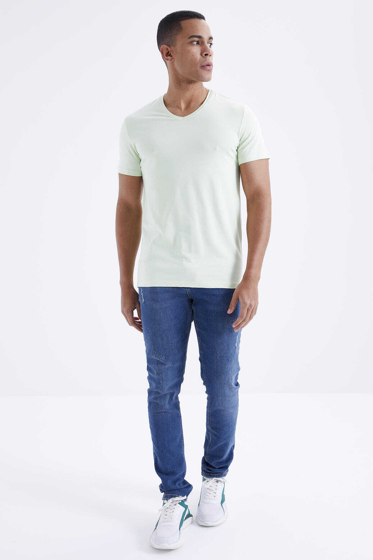 Tommylife Toptan V Yaka Standart Kalıp Basic Erkek T-Shirt 87912 Açık Yeşil