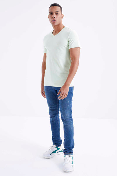 Tommylife Toptan V Yaka Standart Kalıp Basic Erkek T-Shirt 87912 Açık Yeşil