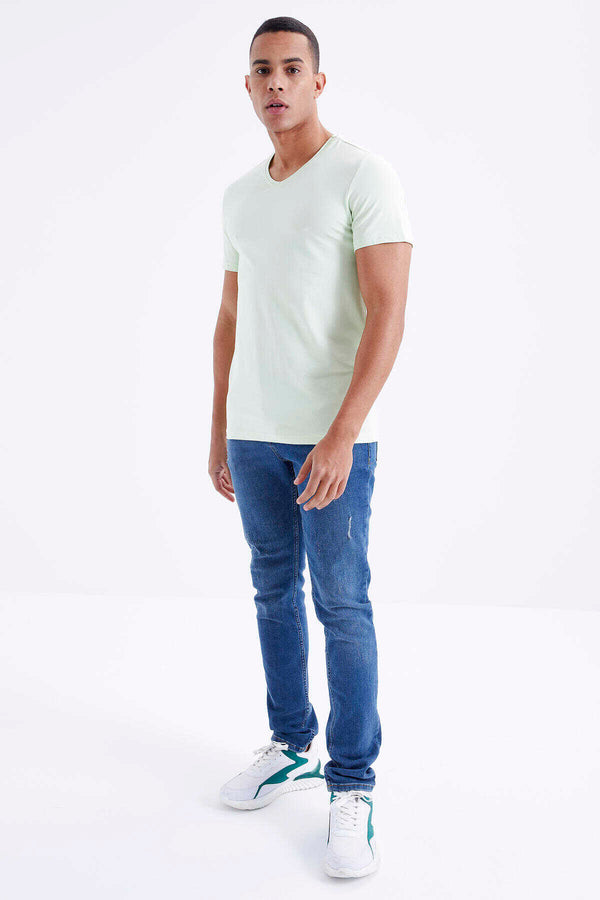 Tommylife Toptan V Yaka Standart Kalıp Basic Erkek T-Shirt 87912 Açık Yeşil