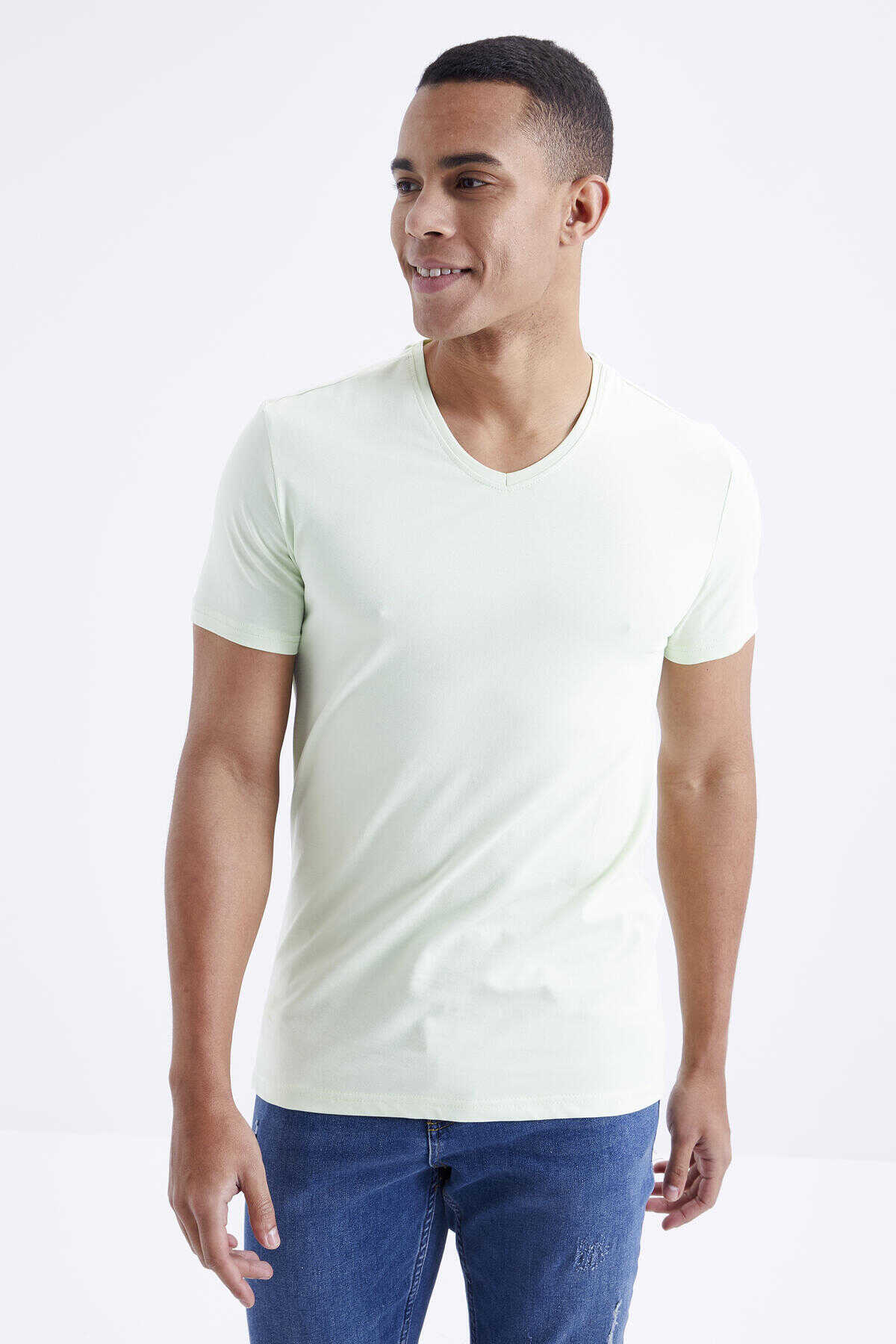 Tommylife Toptan V Yaka Standart Kalıp Basic Erkek T-Shirt 87912 Açık Yeşil