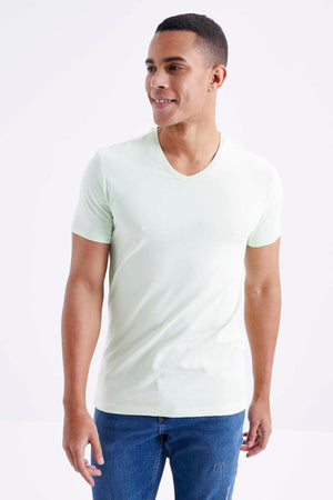 Tommylife Toptan V Yaka Standart Kalıp Basic Erkek T-Shirt 87912 Açık Yeşil