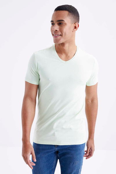 Tommylife Toptan V Yaka Standart Kalıp Basic Erkek T-Shirt 87912 Açık Yeşil