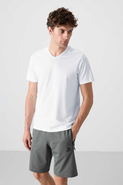 Tricou bărbătesc Tommylife Wholesale cu decolteu în V, croială standard, de bază, 87912, alb