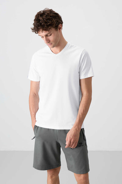 Tricou bărbătesc Tommylife Wholesale cu decolteu în V, croială standard, de bază, 87912, alb