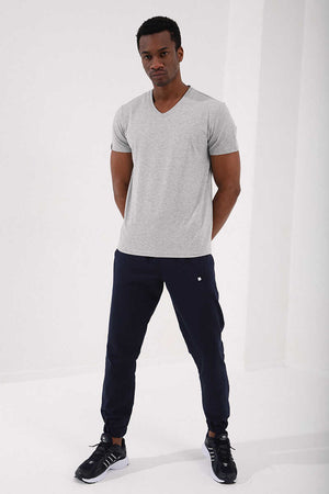 Tommylife Toptan V Yaka Standart Kalıp Basic Erkek T-Shirt 87912 Gri Melanj