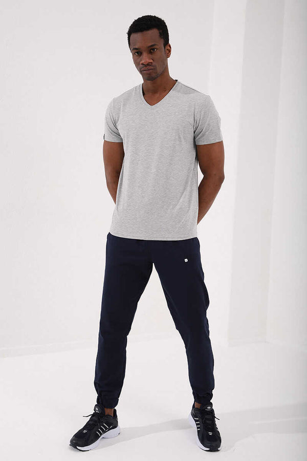 Tommylife Toptan V Yaka Standart Kalıp Basic Erkek T-Shirt 87912 Gri Melanj