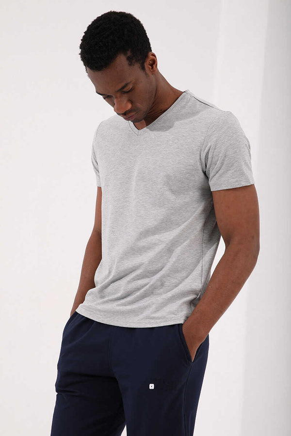 Tommylife Toptan V Yaka Standart Kalıp Basic Erkek T-Shirt 87912 Gri Melanj