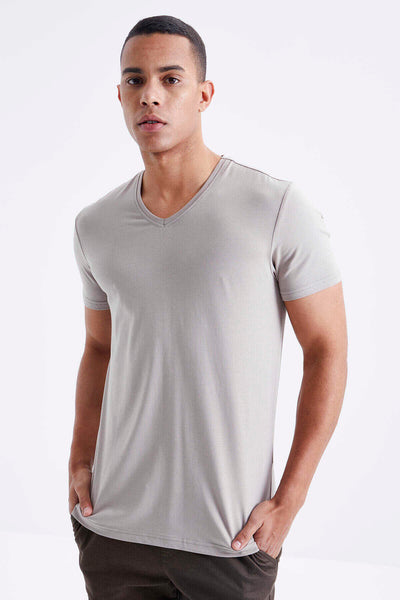 Tommylife Toptan V Yaka Standart Kalıp Basic Erkek T-Shirt 87912 Koyu Bej