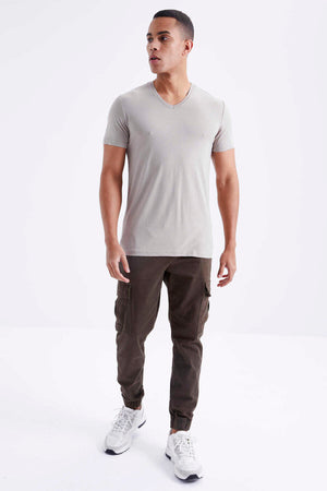 Tommylife Toptan V Yaka Standart Kalıp Basic Erkek T-Shirt 87912 Koyu Bej