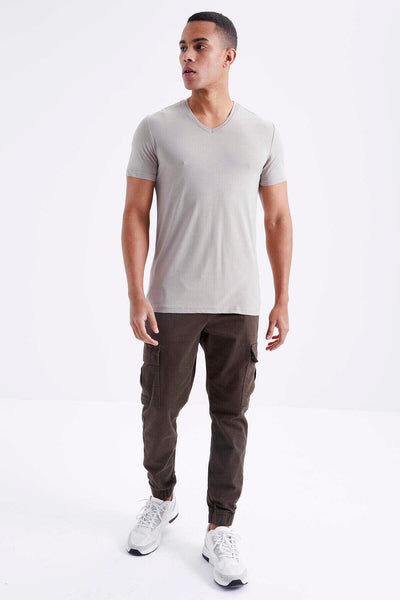 Tommylife Toptan V Yaka Standart Kalıp Basic Erkek T-Shirt 87912 Koyu Bej
