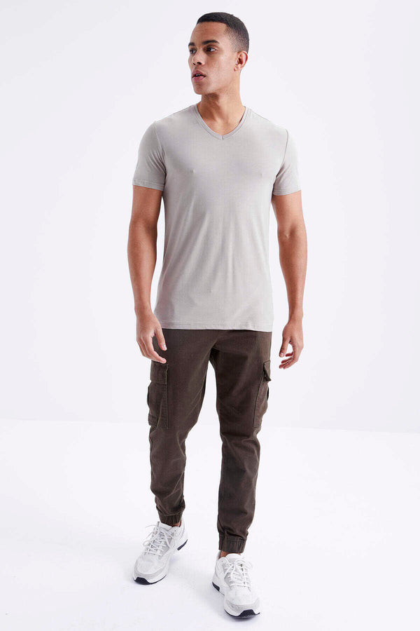 Tommylife Toptan V Yaka Standart Kalıp Basic Erkek T-Shirt 87912 Koyu Bej