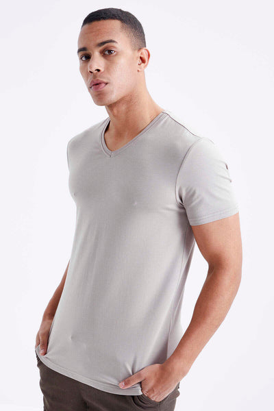 Tricou bărbătesc Tommylife Wholesale cu decolteu în V, croială standard, de bază, 87912, bej închis