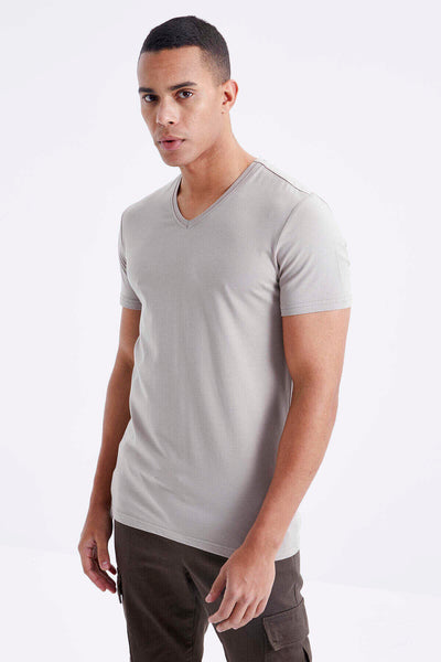 Tricou bărbătesc Tommylife Wholesale cu decolteu în V, croială standard, de bază, 87912, bej închis