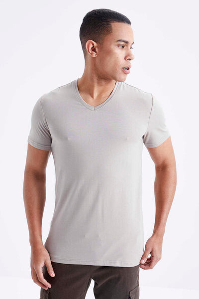 Tricou bărbătesc Tommylife Wholesale cu decolteu în V, croială standard, de bază, 87912, bej închis