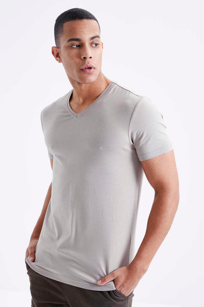 Tommylife Toptan V Yaka Standart Kalıp Basic Erkek T-Shirt 87912 Koyu Bej