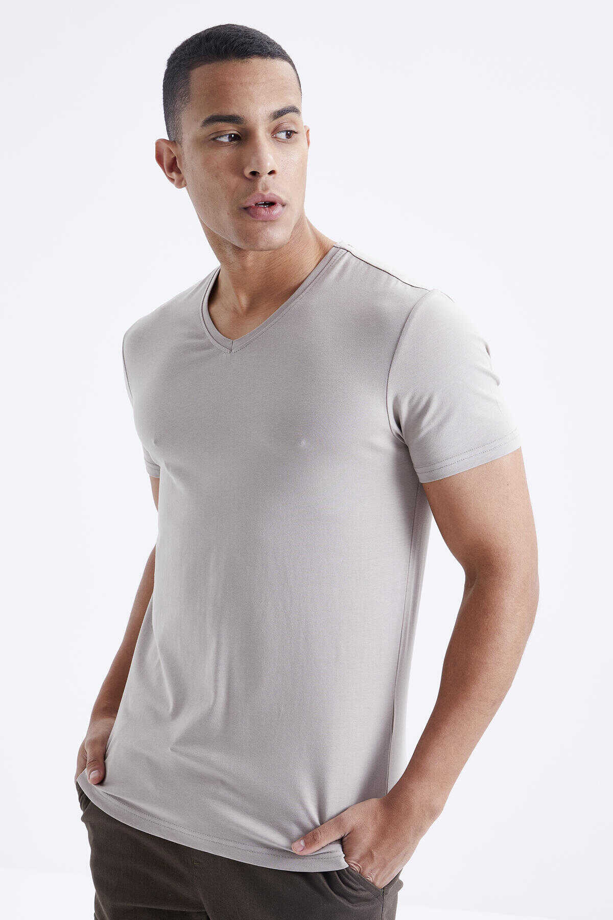 Tricou bărbătesc Tommylife Wholesale cu decolteu în V, croială standard, de bază, 87912, bej închis