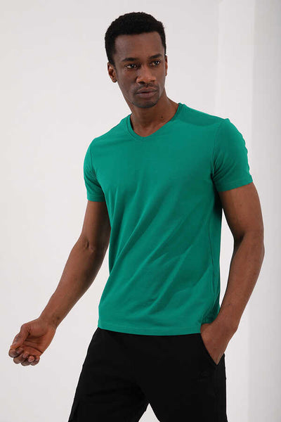 Tricou bărbătesc Tommylife Wholesale cu decolteu în V, croială standard, de bază, 87912, verde închis