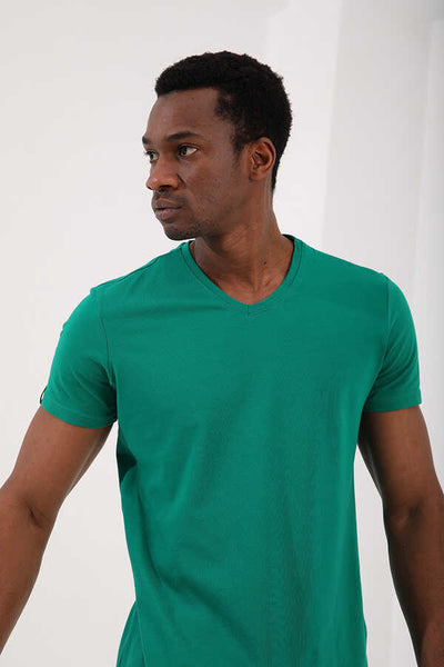 Tricou bărbătesc Tommylife Wholesale cu decolteu în V, croială standard, de bază, 87912, verde închis