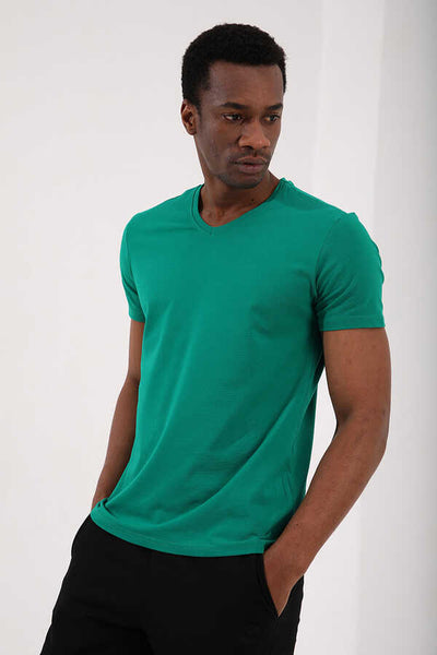 Tricou bărbătesc Tommylife Wholesale cu decolteu în V, croială standard, de bază, 87912, verde închis