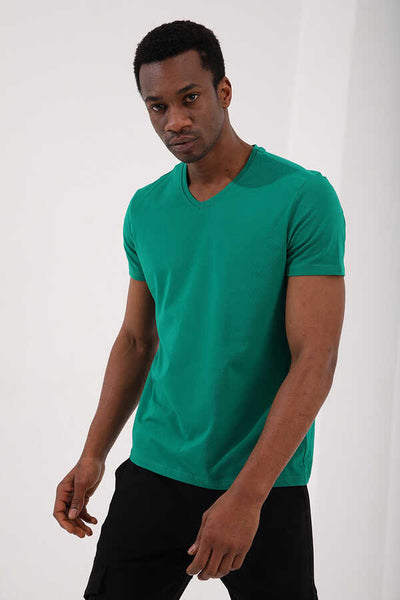 Tricou bărbătesc Tommylife Wholesale cu decolteu în V, croială standard, de bază, 87912, verde închis