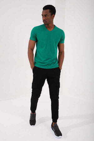 Tommylife Toptan V Yaka Standart Kalıp Basic Erkek T-Shirt 87912 Koyu Yeşil