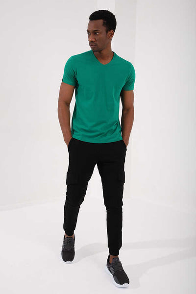Tommylife Toptan V Yaka Standart Kalıp Basic Erkek T-Shirt 87912 Koyu Yeşil
