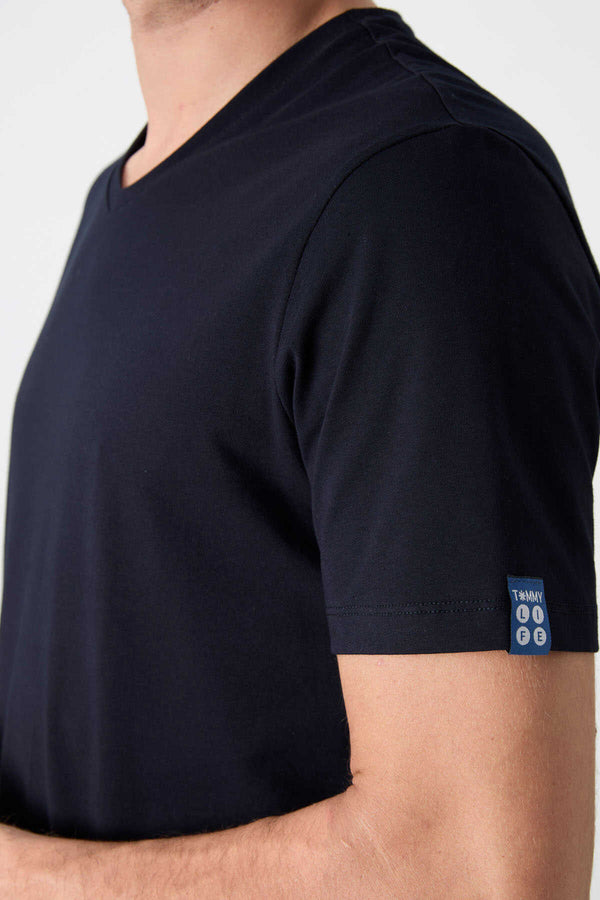 Tommylife Toptan V Yaka Standart Kalıp Basic Erkek T-Shirt 87912 Lacivert