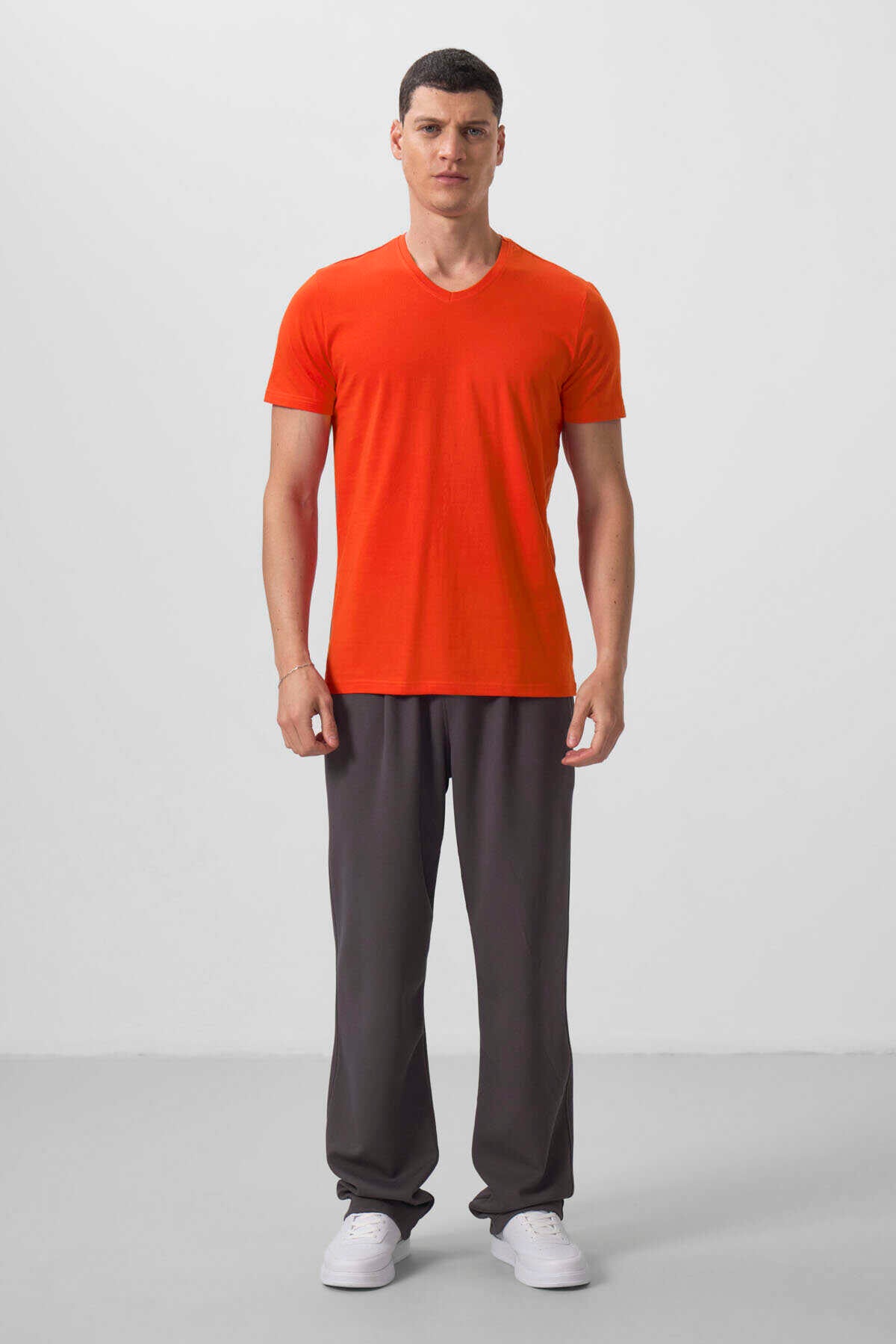 Tommylife Toptan V Yaka Standart Kalıp Basic Erkek T-Shirt 87912 Portakal