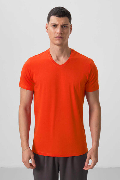 Tommylife Toptan V Yaka Standart Kalıp Basic Erkek T-Shirt 87912 Portakal