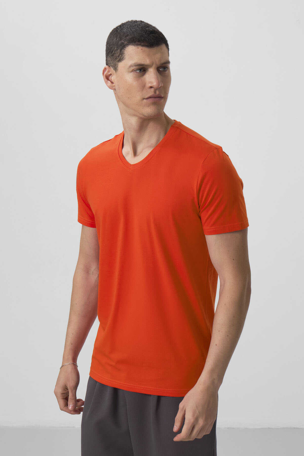 Tommylife Toptan V Yaka Standart Kalıp Basic Erkek T-Shirt 87912 Portakal